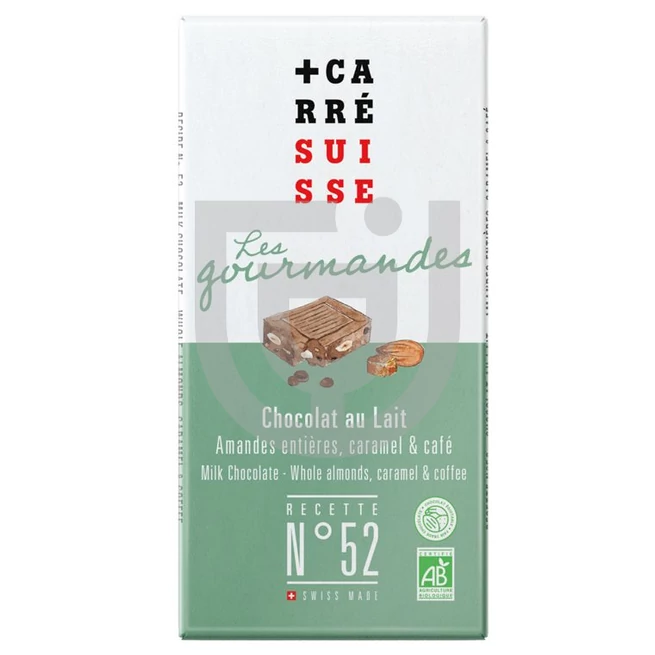 Carré Suisse Bio Tejcsokoládé Egész Mandulával, Karamellával és Kávéval No52 [100g]